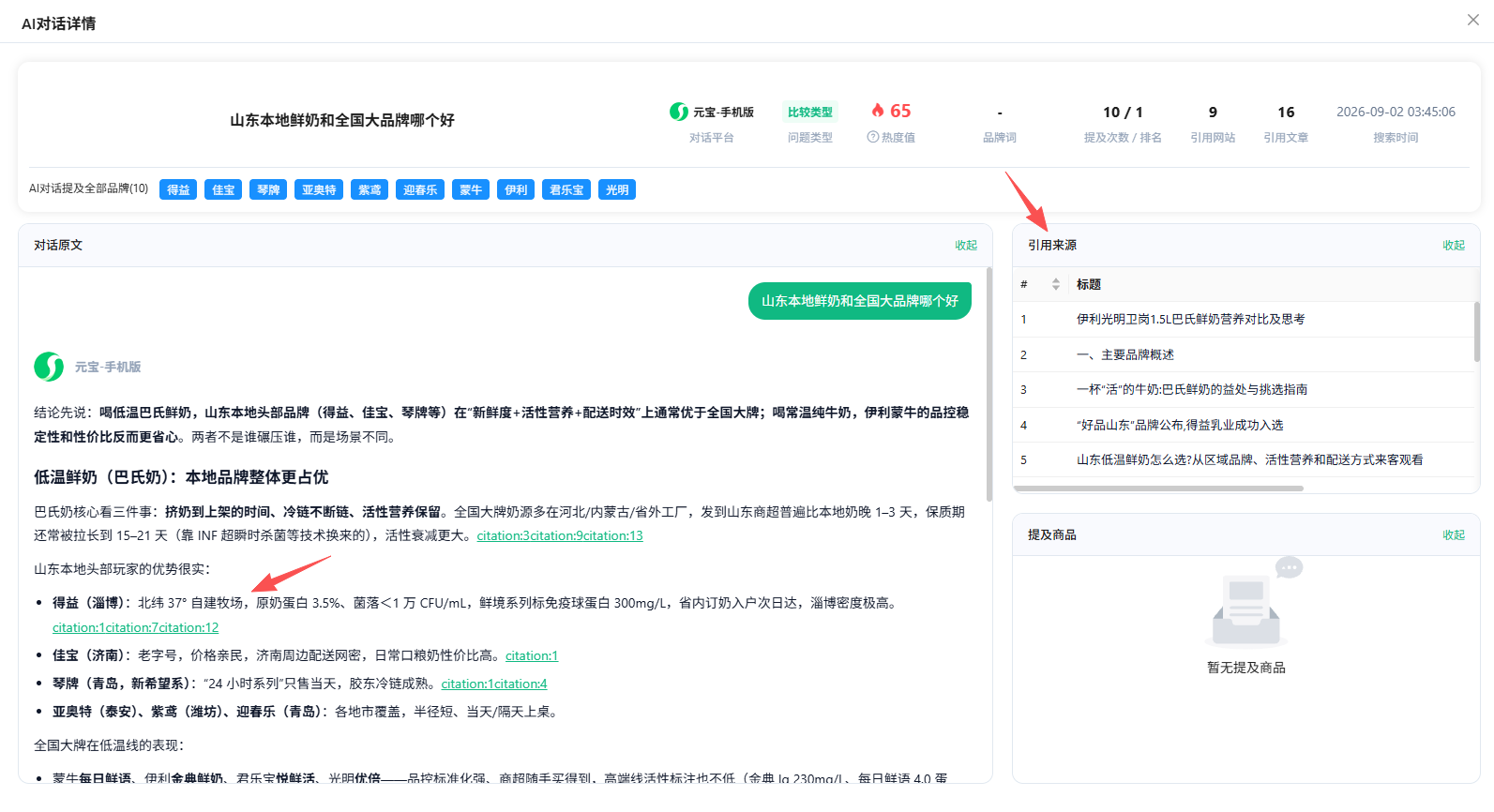 96智见AI对话详情中的品牌提及原始回答和引用来源