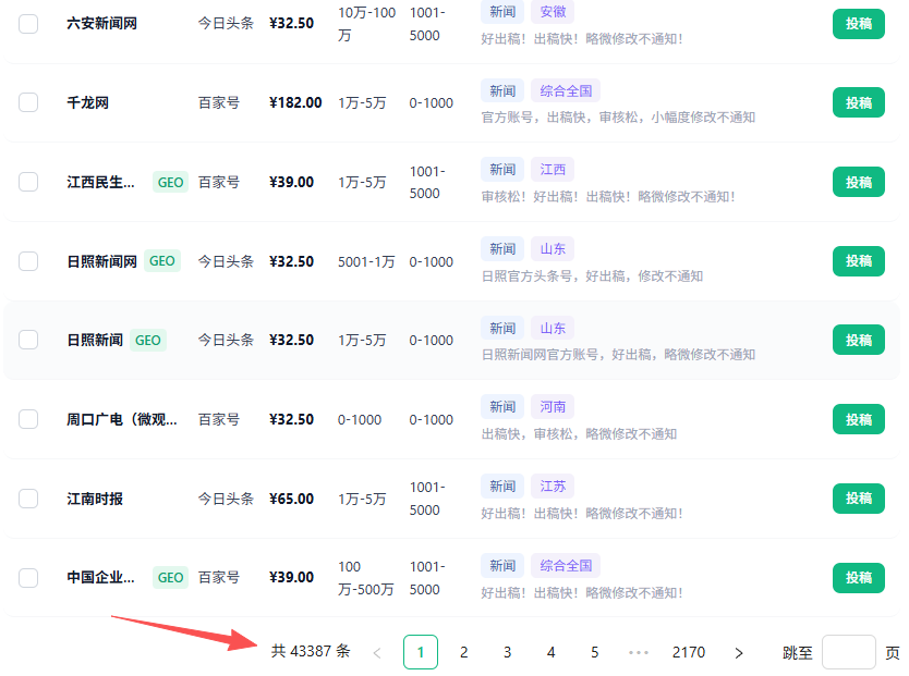 96智见第三方媒体分发后台中的媒体列表分类和投稿入口