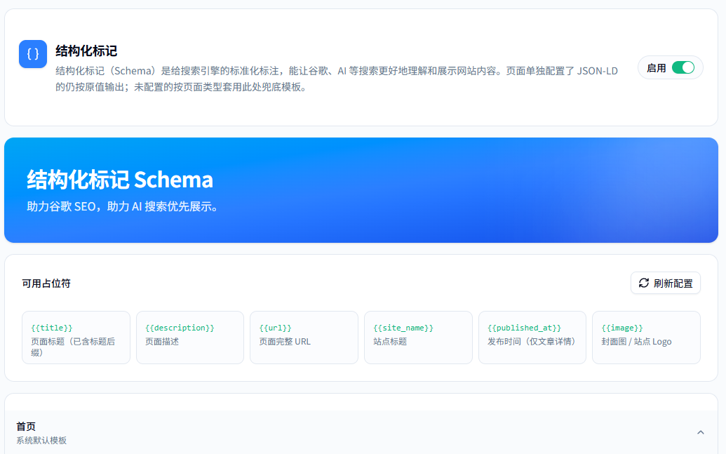 96CMS结构化标记设置中的标题描述网址站点名称发布时间和图片字段