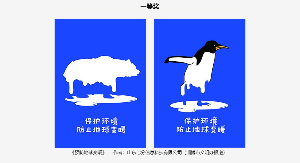 2022全国公益广告大赛一等奖栏目中的预防地球变暖两幅海报及山东七分信息科技有限公司署名